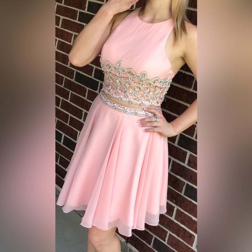 Rachel Allan Racerback Pink Beaded  Dress